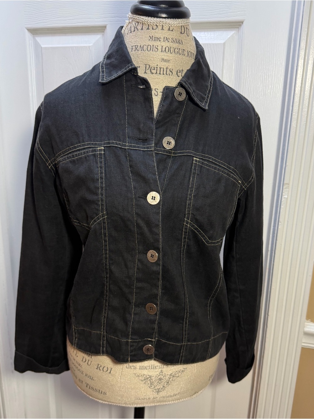 Chico's Black Button-Front Denim Jacket with Contrast Stitching